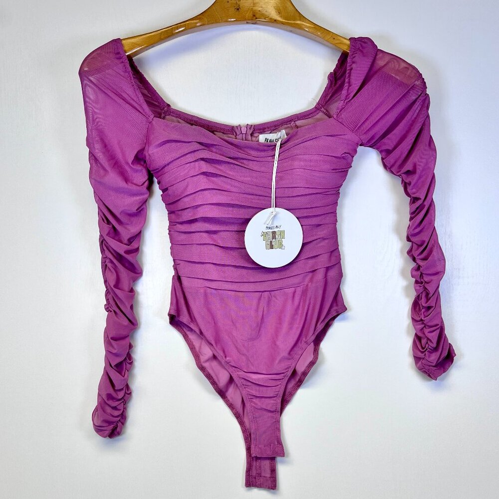 NWT Princess Polly Delany Pink Long Sleeve Ruched Square Neck Sheer Bodysuit 6